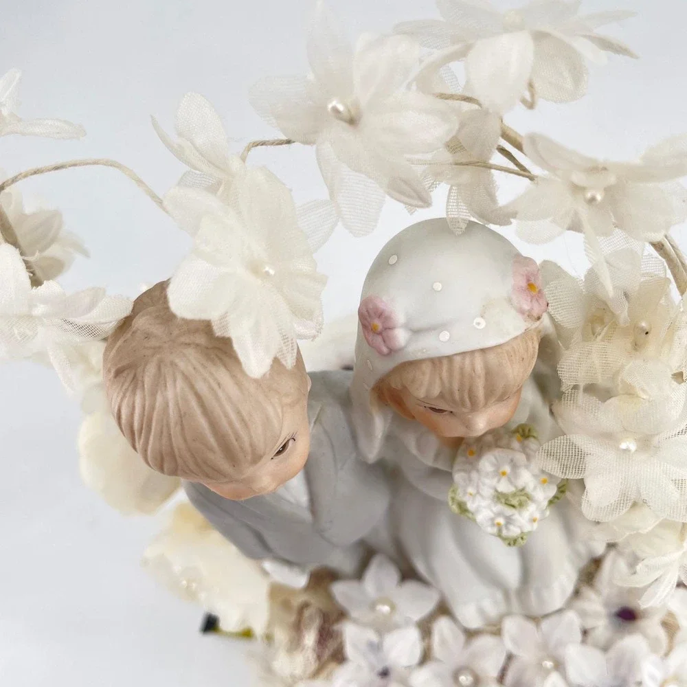 Vintage Wedding Cake Topper Porcelain Bride Groom Floral Arch Lace